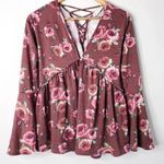 Anthropologie Altar’d State Floral Print Bell Sleeve Tie Up Lace Back Babydoll Blouse Top Photo 0