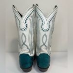 Justin Boots  Vintage White Teal Western Cowgirl Boots Lizard Stitch 6.5 RARE Photo 3