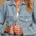 Lulus  Classically Cool Light Wash Denim Jacket M Puff Sleeve Light Wash Pockets Photo 0