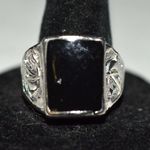 Source Unknown Striking Smooth Black Flat Stone Inlay Etched Silver Tone Band Size 11 Goth Ring Photo 1