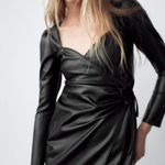 ZARA  Vegan Faux Leather Sweatheart Neck Long Sleeve Mini Wrap‎ Dress Size Medium Photo 0
