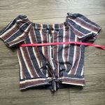 Drew  Anthropologie Muted Blue Red Striped Off Shoulder Cropped Button Down M Photo 6