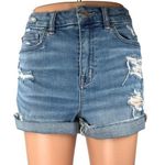 American Eagle  Super Stretch Blue Distressed High Waisted Denim Jean Shorts 4 Photo 0