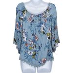LUQ Stitch Fix Womens Blue Floral Scoop Neck Lace Trim Bell Sleeve Blouse Small Photo 3