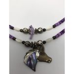 Rare Vtg Silver Horse Necklace Purple Pony Pendant Silver Roses Beaded Bird 16" Photo 2
