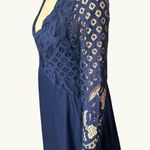 Navy Blue Lace Long Sleeve VNeck Lace Chiffon Dress Flared Sleeves Back Tie Sz S Photo 1