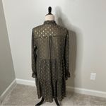 Elan Black Gold Metallic Feather Tie Neck Bow Button-up Bell Sleeve Dress Large Photo 2