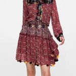 ZARA Floral Patchwork Tiered Pompom Semi Sheer Peasant Mini Dress M Black Red Photo 11