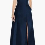 Alfred Sung  Maxi Gown Women's 14R Navy Blue Square Neck Satin A-Line Sleeveless Photo 0