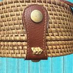 Woven Rattan Round Crossbody Purse Bag Leather Strap Snap Closure Cloth NWOT Photo 2