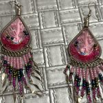 Pink Thread Boho Beaded Dangle Earrings, Multicolor Fringe Festival jewelry Photo 2