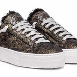 P448  Clara Metallic Faux Fur Lined Platform Slip On Sneakers Black Gold Glitter Photo 0