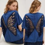 Free People  X Tricia Fix Oversized Boxy Cutout Sheer Butterfly Tee Navy Large Photo 1