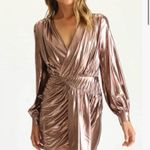 Small Pink Rose Gold Metallic Ruched Plunge Neck Long Sleeve Wrap Cocktail Dress Photo 5