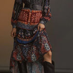 Farm Rio NWT Anthropologie +  Crochet Long Sleeve Boho Maxi Dress in Navy Blue Photo 0