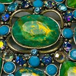 Statement Brooch Pin Greens Blues Clear Iridescent Stones Silver Tone Metal Photo 10
