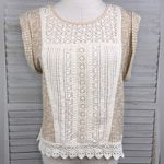 CHAMPAGNE & STRAWBERRY Short Sleeve Boho Sweater w Crochet Bodice Beige/Ivory Photo 0