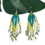 Colorful Boho Native Seed Bead Fringe Earrings Green Photo 1