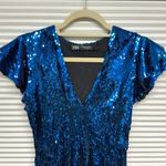 ZARA Blue Sequin Flutter Ruffle Sleeve V-Neck Bodycon Mini Cocktail Dress Photo 6