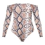 Pretty Little Thing Snake Print Bardot Off Shoulder Thong Bodysuit Long Sleeve Sz6 Photo 0