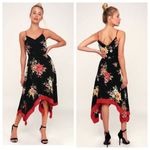 Lulu’s Go Fleur a Twirl Black Floral Print Handkerchief Midi Dress Size Large Black Photo 1