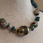 Women’s Necklace Handmade Easter Egg Wood Beads Blue / Gold Tone Photo 4