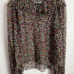 Joie  Sheer Black Pink Floral Tie V-Neck Bishop Sleeve Blouse Womens M Preppy Photo 0