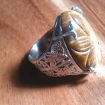 Hand Carved Tiger's Eye Dragon Flower Stainless Steel Cocktail Ring (Size 8) Photo 6