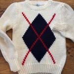 Vintage 1960s Classic Preppy Argyle Sweater Ruffle Shoulders White Size XS Photo 1