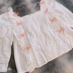 Japanese Cottagecore Shabby Chic White Lace Ruffle Pink Ribbon Bow Shirt Blouse Photo 3