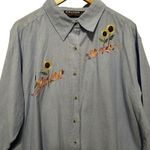 VTG Citicraze Women Chambray Button Top 3X Sunflower Pumpkin Embroidered Cottage Blue Photo 2