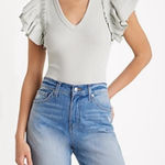 EXPRESS  Ribbed Bodysuit Medium‎ Mint Green Knit Ruffle Cap Sleeve V Neck Top Photo 0