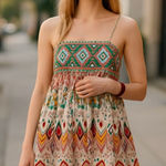 ZARA Geometric Print Straight Neck Strappy Embroidered Short Dress Size Small Photo 0