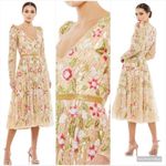 Mac Duggal NWT  Floral Tea Length Dress Sequin Beaded Gold Size 14 Photo 1