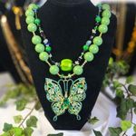Handcrafted Green Double Strand Butterfly Necklace Bracelet Earrings Set Photo 0
