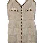 NWT Mandalay Cream Ivory Gold Beaded Fringe Midi Evening Cocktail Dress Womens 6 Photo 0