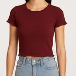 BP NWOT . Cropped Burgundy Short Sleeve Ribbed Lettuce EdgeTee Size Small Photo 0