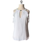 Cache  White Ruffle Flutter Halter Keyhole Top Blouse Sleeveless Size Medium NWT Photo 7