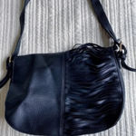 Akua Blue Black Pebble Faux Leather Laser Cut Fringe Flap Shoulder Bag Purse Photo 0