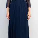 Marina V Neck 3/4 Sleeve Sheer Gown Rhinestones Formal Wedding Mother Of Bride Blue Photo 0