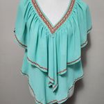 C. Luce Turquoise & Orange Ruffle Overlay Embroidered Vneck Blouse Size Small Photo 0