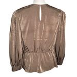 EXPRESS  Women’s Satin Crew Neck Puff Sleeve Wrap Top Brown Blouse Size Large Photo 4