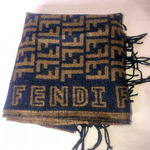 Fendi  Navy Blue Tan Wool Silk Scarf with Decorative Tassels Photo 9