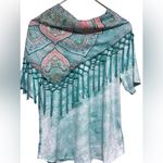 One World Pretty Color Wash Tee W/Detachable Paisley Scarf Small Bluish Green White Tee Photo 4