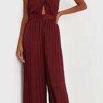 Lulus Confident Impression Burgundy Satin Pleated Halter Jumpsuit Size Small Red Photo 0