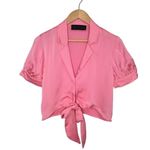 Know One Cares  Cropped Self-Tie Bottom Puff Sleeve Button Pink S Photo 10