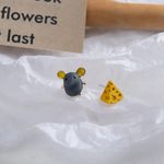 Small Asymmetrical Mouse & Cheese‎ Stud Earrings CuteTrendy little Earrings Yellow Photo 6