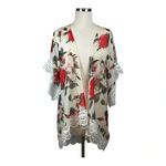 FLORAL AND LACE KIMONO CARDIGAN SHORT SLEEVE FLOWY FEMININE WOMEN'S SIZE SMALL Red Photo 1