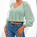 American Eagle AE Long-Sleeve Smocked Babydoll Top Green Photo 0