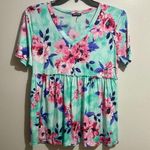 HEIMISH USA Green Peplum Blouse with Short Sleeves (995) Size L Photo 0